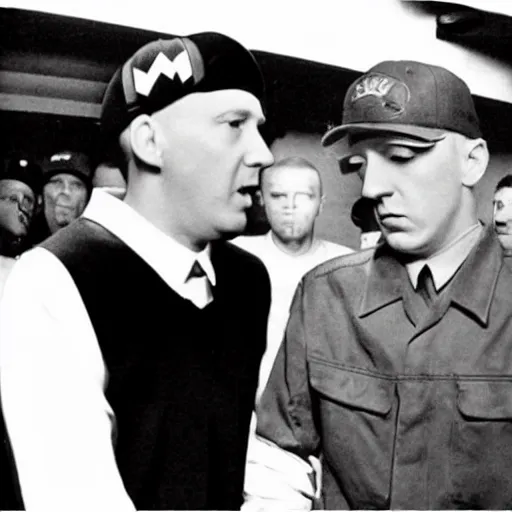 Image similar to eminem having a rap battle with hitler