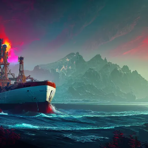 Image similar to soviet white cargo ship of horizon forbidden west horizon zero dawn bioluminiscence global illumination ray tracing hdr fanart arstation by ian pesty and alena aenami artworks