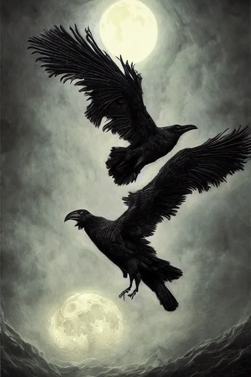 Image similar to Intricate stunning highly detailed surreal ravens by agostino arrivabene and Seb McKinnon, sculpture, ultra realistic, Horror vacui, full moon, thick swirling smoke tornado, fire embers, trending on artstation