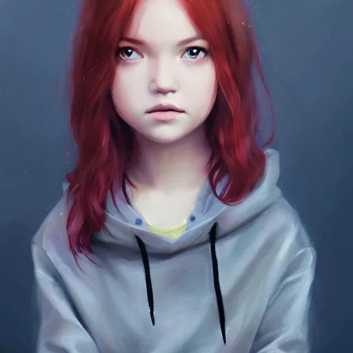 Prompt: a cute tiny girl with short red hair wearing a hoodie, digital art, very beautiful face, pretty face, very detailed eyes, full body illustration, 8 k resolution, soft painting, by greg rutkowski, wlop, rossdraws,