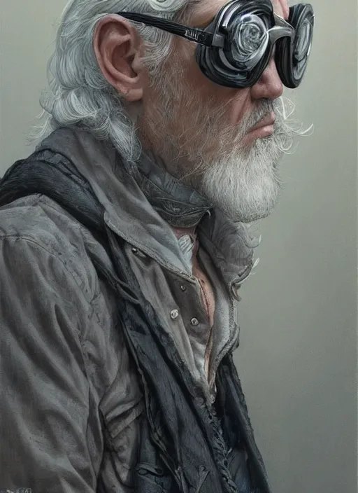 Image similar to a ruggedly handsome young man with white hair and safety goggles, intricate, elegant, highly detailed, centered, digital painting, artstation, concept art, smooth, sharp focus, illustration, art by todd lockwood and donato giancola and Joseph Christian Leyendecker