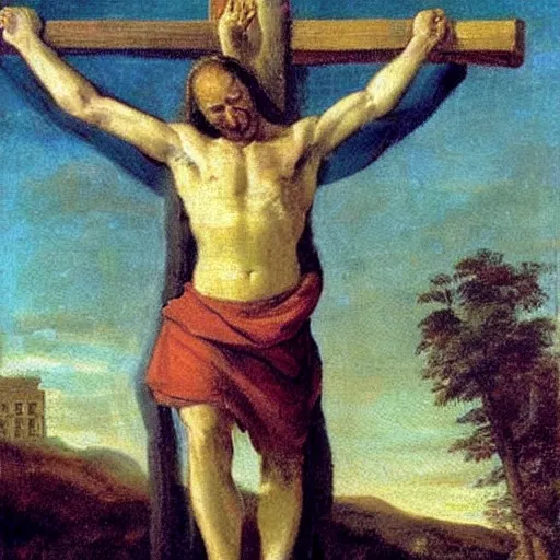 Prompt: donald trump crucified in the style of christ crucified diego velazquez, a painting of donald trump being crucified