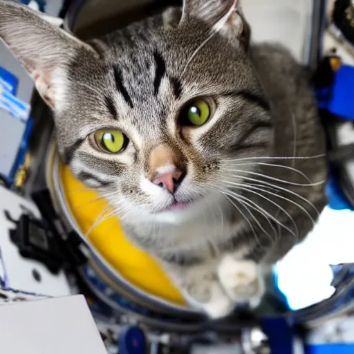 Image similar to Photo of a cat floating inside the ISS, realistic award-winning