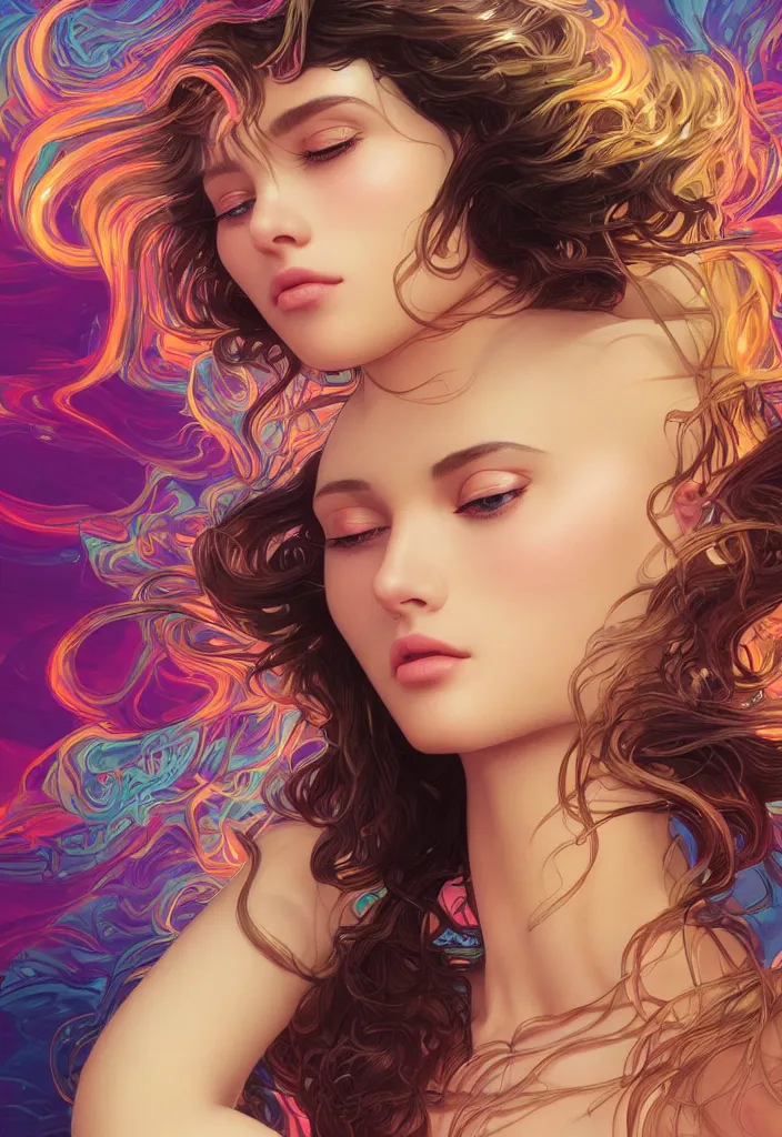 Image similar to beautiful, young woman, detailed gorgeous face, vaporwave aesthetic, synthwave, water waves, colorful, psychedelic, artstation, concept art, smooth, extremely sharp detail, finely tuned detail, ultra high definition, 8 k, unreal engine 5, ultra sharp focus, illustration, art by artgerm and greg rutkowski and alphonse mucha