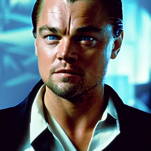 Prompt: Film still of leonardo dicaprio as The Terminator, half of face is cybernetic and exoskeleton exposed, photorealistic, burning city background