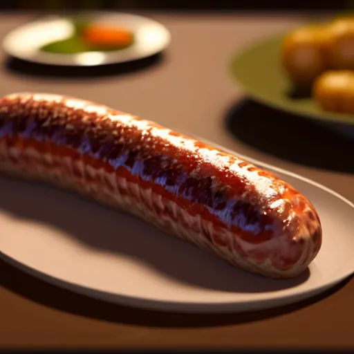 Image similar to realistic 3 d unreal engine render of a half fish half sausage alone on a plate, fish fins on a sausage