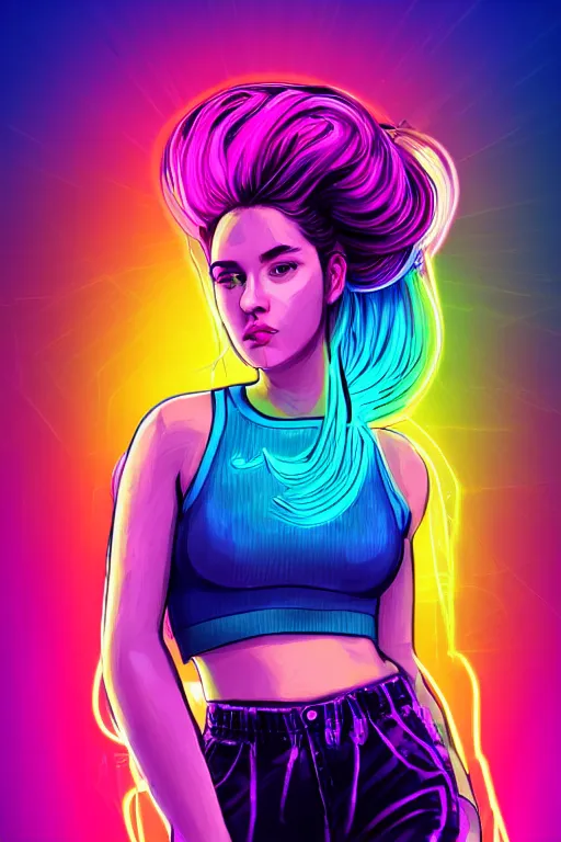 Image similar to a award winning half body portrait of a beautiful woman in a croptop and cargo pants with ombre purple pink teal hairstyle surrounded by whirling illuminated lines, outrun, vaporware, shaded flat illustration, digital art, trending on artstation, highly detailed, fine detail, intricate