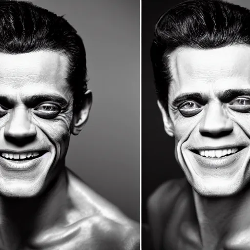 Image similar to studio portrait photography of rami malek morphing into willem dafoe with creepy smile, highly detailed