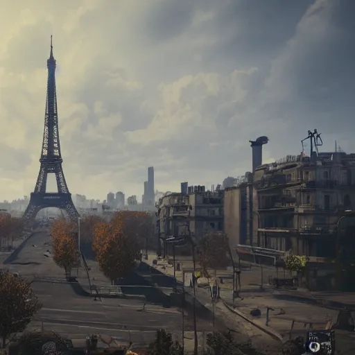 Image similar to post apocalyptic Paris with Eiffel tower, artstation, concept art, unreal engine, 8k, photorealistic