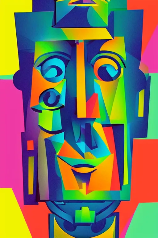 Image similar to cubist moai statue cutout digital illustration cartoon colorful beeple