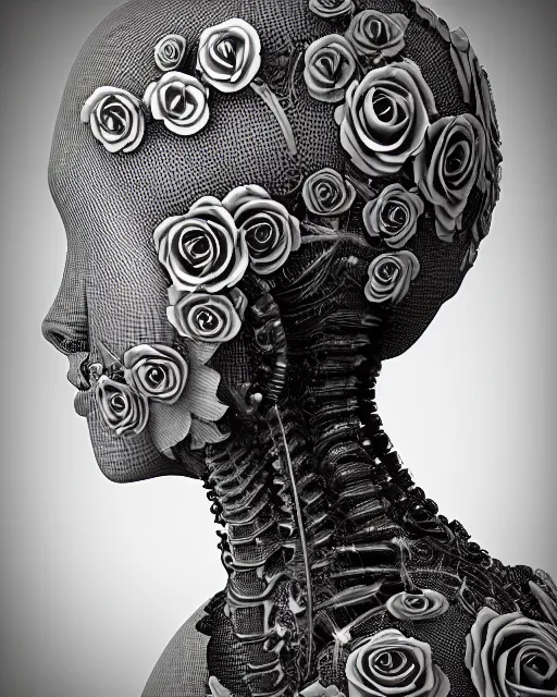 Image similar to mythical dreamy black and white organic bio-mechanical spinal ribbed profile face portrait detail of translucent steampunk beautiful female angelic-human-queen-vegetal-cyborg, highly detailed, intricate trnaslucent ivy jelly ornate, poetic, translucent roses ornate, 3D render, digital art, octane render, 8K artistic photography, photo-realistic, by Dora Maar