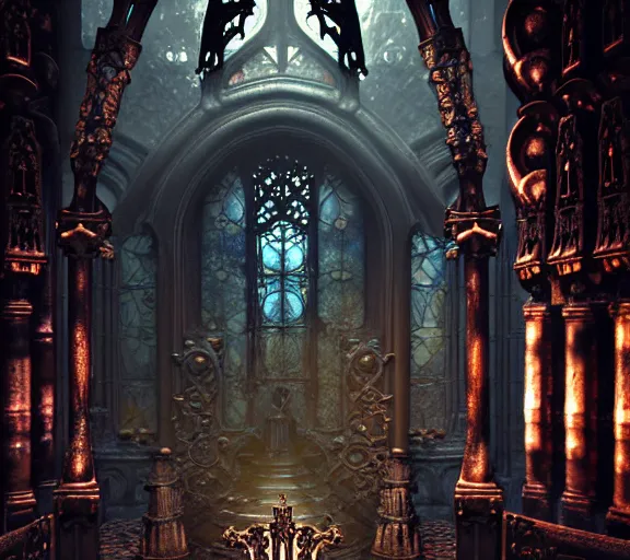 Image similar to steam necropolis, memento mori, gothic, neo - gothic, art nouveau, hyperdetailed copper patina medieval icon, stefan morrell, philippe druillet, ralph mcquarrie, concept art, steampunk, unreal engine, detailed intricate environment, octane render, moody atmospherics, volumetric lighting, ultrasharp, ominous, otherworldly