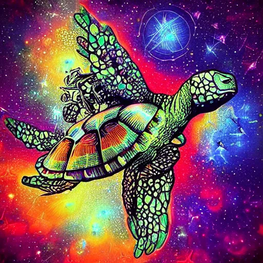 Prompt: “psychedelic visionary art of a beautiful flying turtle in space by Android Jones”