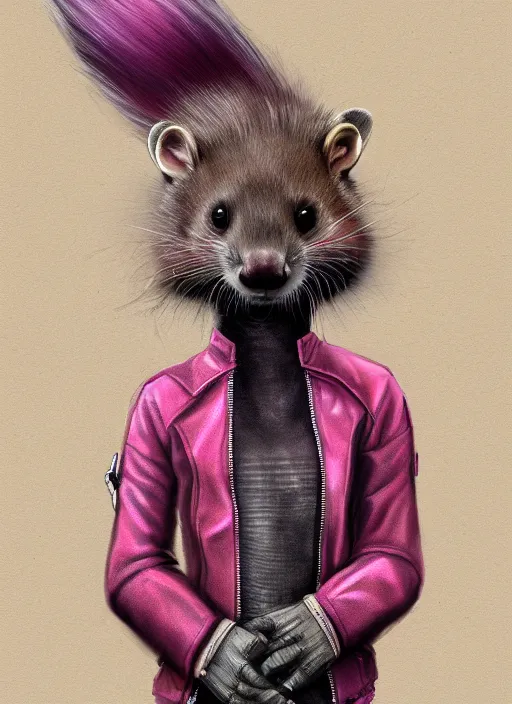 Prompt: cyberpunk anthropomorphic ferret pine marten, with pink mohawk, wearing leather jacket, medium shot portrait, digital painting, trending on ArtStation