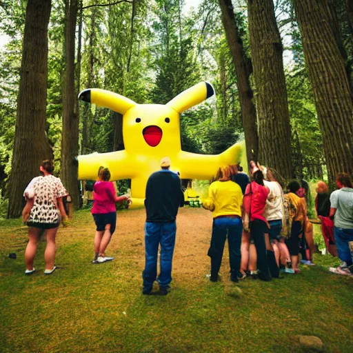 Image similar to photograph of a group of people worshipping a giant pikachu in a forest