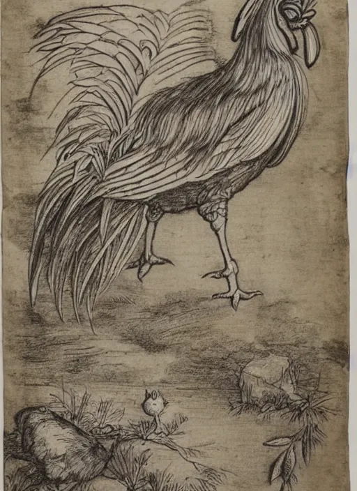 Image similar to a detailed, intricate drawing on parchment with white highlights of a rooster on a beach, by albrecht durer