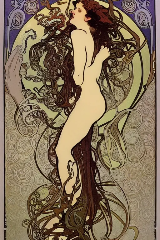 Image similar to art nouveau, alphonse Mucha, octopus, maiden