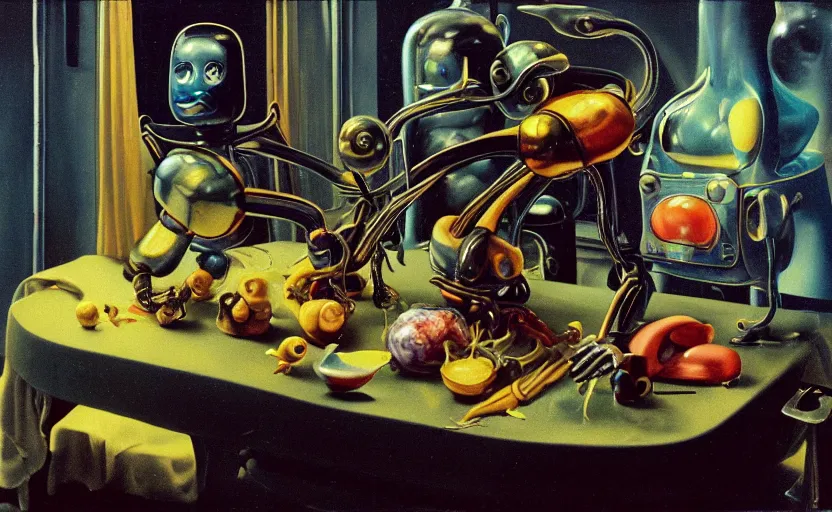 Image similar to strange seductive futuristic robot body, enticing colorful oil painting dutch golden age vanitas still life sparse composition with bulbous objects strange gooey transparent surfaces shiny metal reflections bizarre mutant meat insects rachel ruysch dali todd schorr very detailed perfect composition rule of thirds masterpiece canon 5 0 mm, cinematic lighting, photography, retro, film, kodachrome