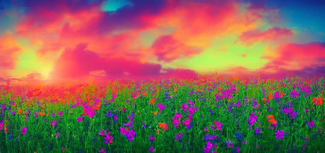 Image similar to an impossible field of beautiful neon colored flowers with a beautiful sunset, vaporwave