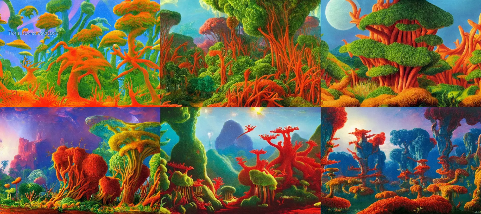 Prompt: coral forest landscape in the style of dr. seuss, starships, painting by thomas cole