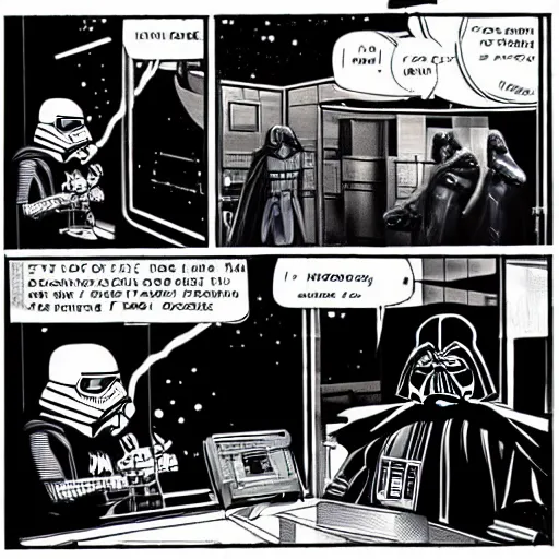 Image similar to Darth Vader having undulating wildly to the Wendy's manager about his custom order being wrong, at Wendy's drive-through, sitting in his TIE FIGHTER.