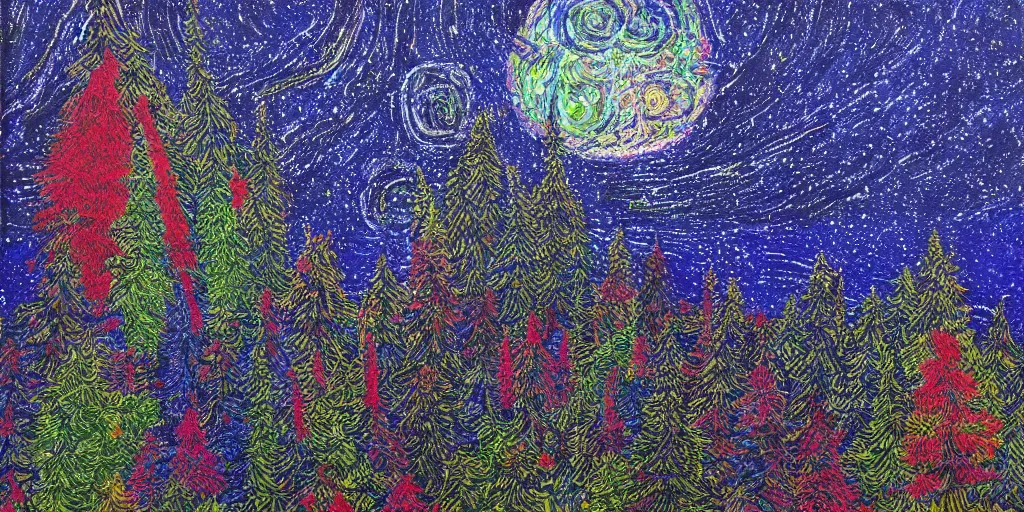Prompt: 🌲🌌, pointalism, acrylic on canvas, expressionism movement, breathtaking detailed, by blake neubert