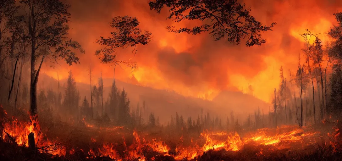 Image similar to full portrait of a forest fire on the horizon, inferno, smoke, flames, dark, gloomy, horror, screaming, a small farm is burning in the distance, insanely detailed, photorealistic, cinematic, dramatic lighting,