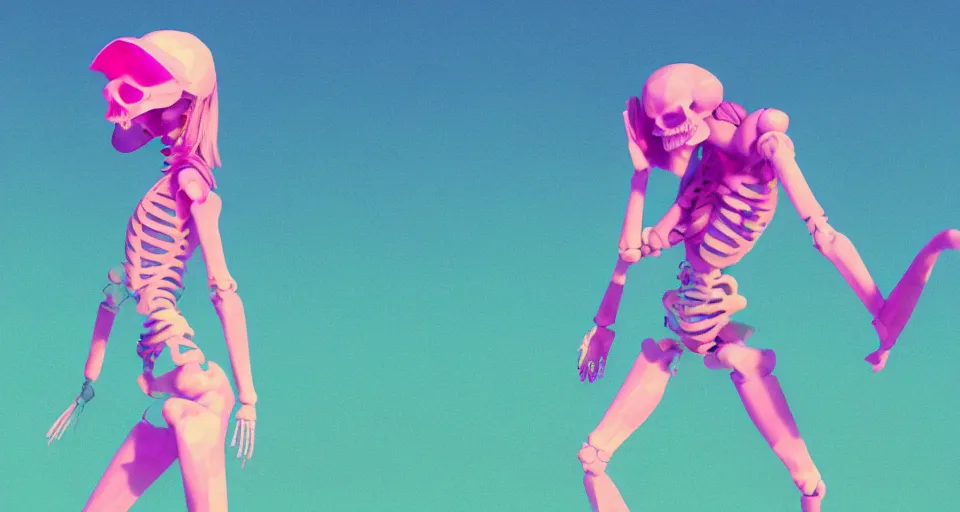 Prompt: fullbody vaporwave art of a fashionable skeleton girl at a beach, early 90s cg, 3d render, 80s outrun, low poly, from Hotline Miami