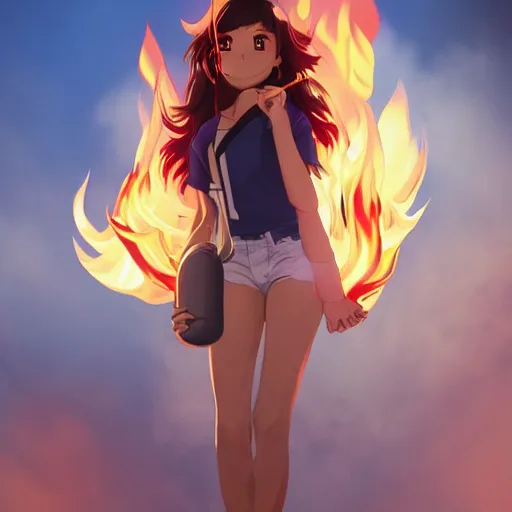 Image similar to nagatoro accurate brown skin color, using white and red tight raglan sleeves, tight blue jeans, in a tropical forest, burning hair glowy fire flames hair in flames hair fire hair, artstation, 3 d ray tracing, lumen, octane render flawless masterpiece concept art professionally post processed by wlop