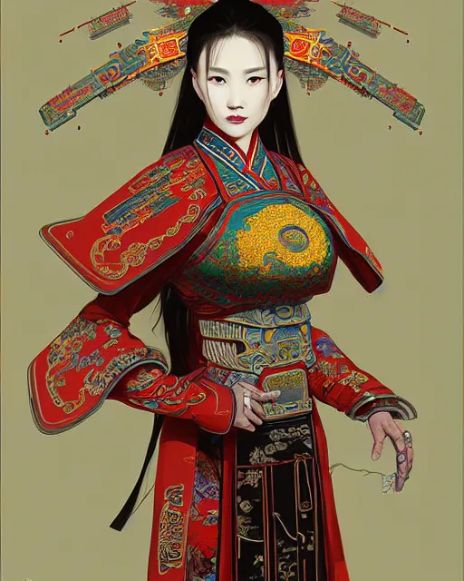 Image similar to portrait of a chinese cyberpunk machine, machine face, robed, upper half portrait, decorated with chinese opera motifs, regal, asian, fine china, wuxia, traditional chinese art intricate intense elegant 京 剧 highly detailed digital painting artstation concept art smooth sharp focus illustration, art by artgerm and greg rutkowski alphonse mucha 8 k