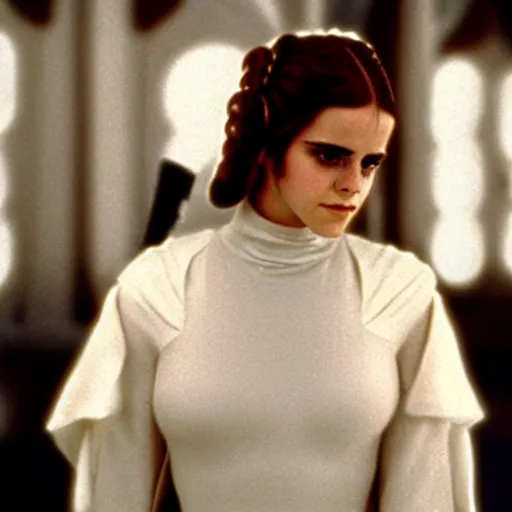 Image similar to film still of Emma Watson as Princess Leia in Star Wars 1977