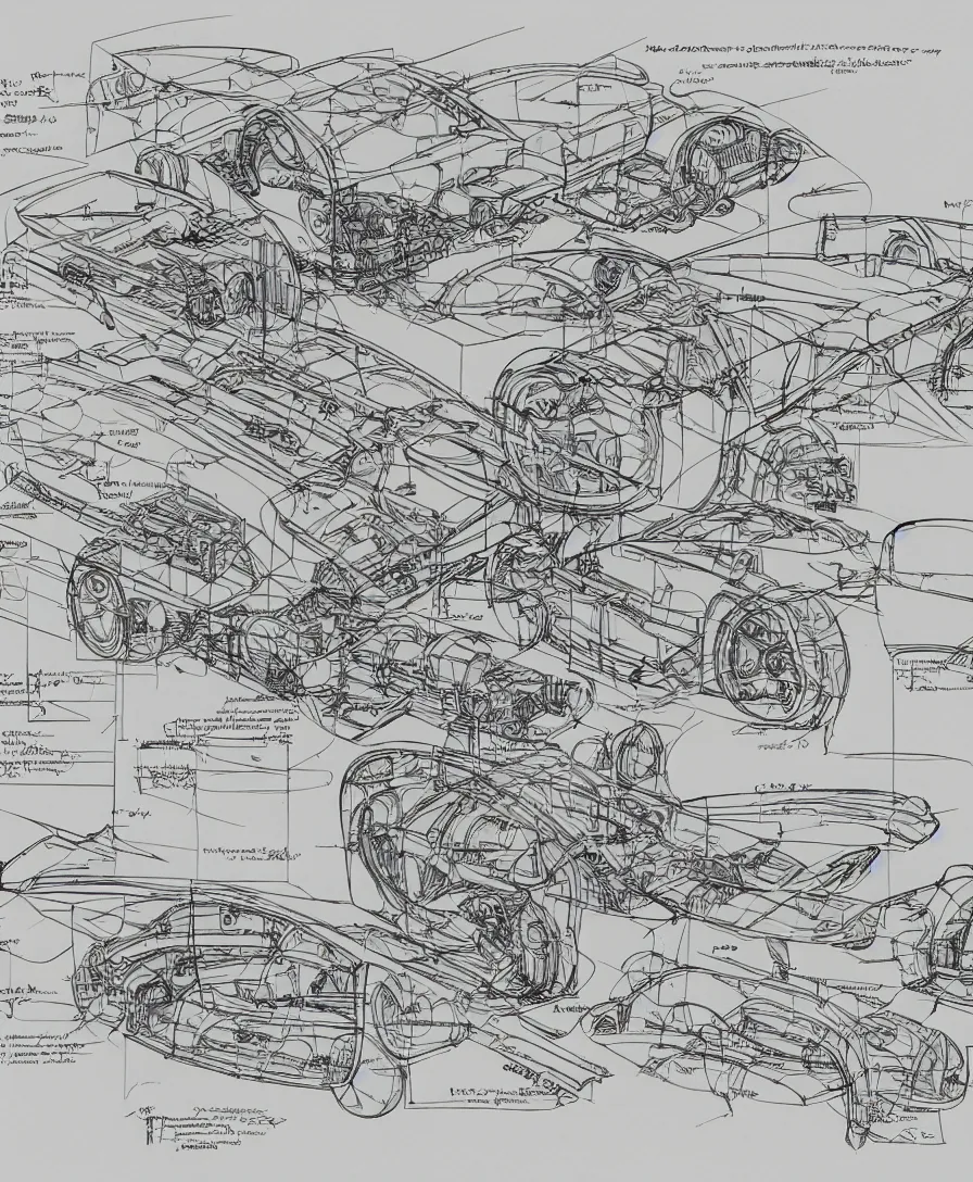 Prompt: automotive blueprints engineering plans in the style of Davinci concept sketch markers