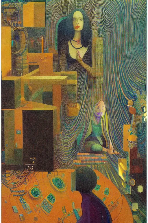 Image similar to realistic portrait of an engineer woman programming the samsara holy cluster, fine portrait, concept art, stunning, visionary, by brecht evens, by jean delville, by francis bacon