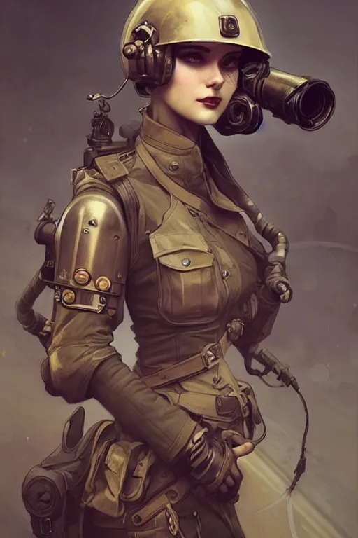 Image similar to dieselpunk soldier girl, helmet, shoulders, chest, portrait, armored, highly detailed, sharp focus, art, illustrations by wlop and alfons maria mucha and irakli nadar and loish and rossdraws