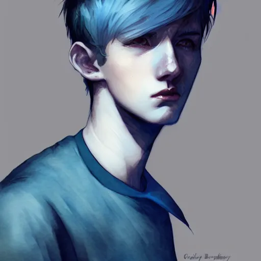 Prompt: teen boy, blue hair, short hair, serious, intricate, ethereal, highly detailed, sharp focus, artstation, watercolor, by charlie bowater and ross tran