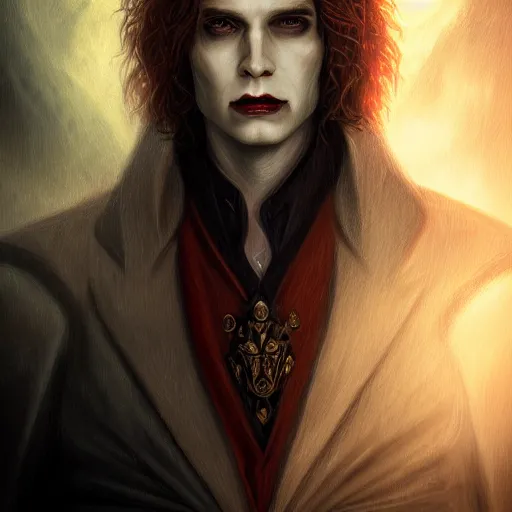 Prompt: Majestic and regal portrait of vampire Lestat de Lioncourt, intricate, epic, elegant, menacing, fantasy, highly detailed, digital painting, hard focus, beautiful volumetric lighting, epic light, ultra detailed, by Leesha Hannigan, Ross Tran, Thierry Doizon, Kai Carpenter, Ignacio Fernández Ríos