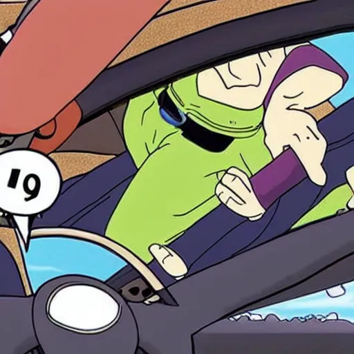 Image similar to scooby doo holding the steering wheel driving inside a nissan pulsar through windy roads in the hills, anime style akira initial d