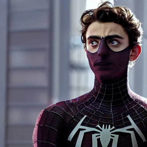 Image similar to timothee chalamet as spiderman