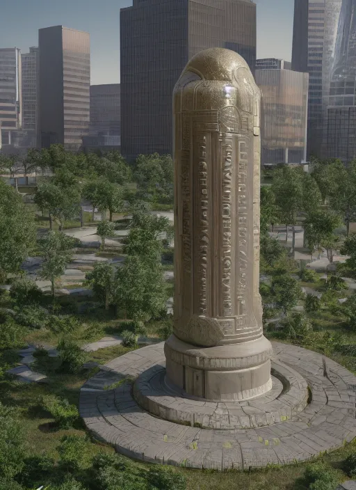 Image similar to highly detailed realistic architecture 3 d render of a futurisctic stele made from coin stacks standing in a city park, archdaily, made in unreal engine 4 octane render