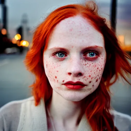 Prompt: photograph, closeup portrait of a young pale woman with shoulder length red hair, tired eyes, freckles, wearing red flannel, soft lighting, city background, sunset, bokeh, urban setting, high contrast, sharp, portra 8 0 0, photographed by annie leibovitz, trending on tumblr,