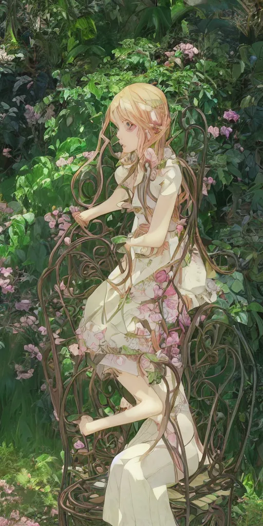 Image similar to a digital art of a loli with long hair in a dress sitting on a metal garden chair in the privet garden at afternoon, green and warm theme, back lighting, by krenz cushart and mucha and greg rutkowski and makoto shinkai, extremely long shot, detailed eyes, 4 k resolution, trending on art station