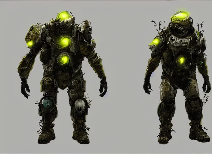 Image similar to biopunk heavily armoured soldier with glowing yellow eyes, concept art, military art, unreal engine, artstation, award winning