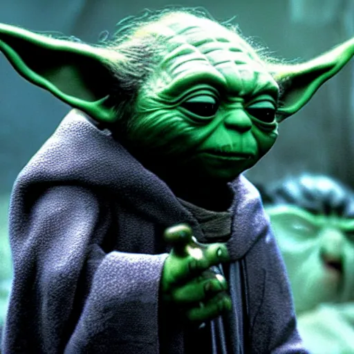 Prompt: a film still of yoda as a sith lord wearing black attire realistic, detailed