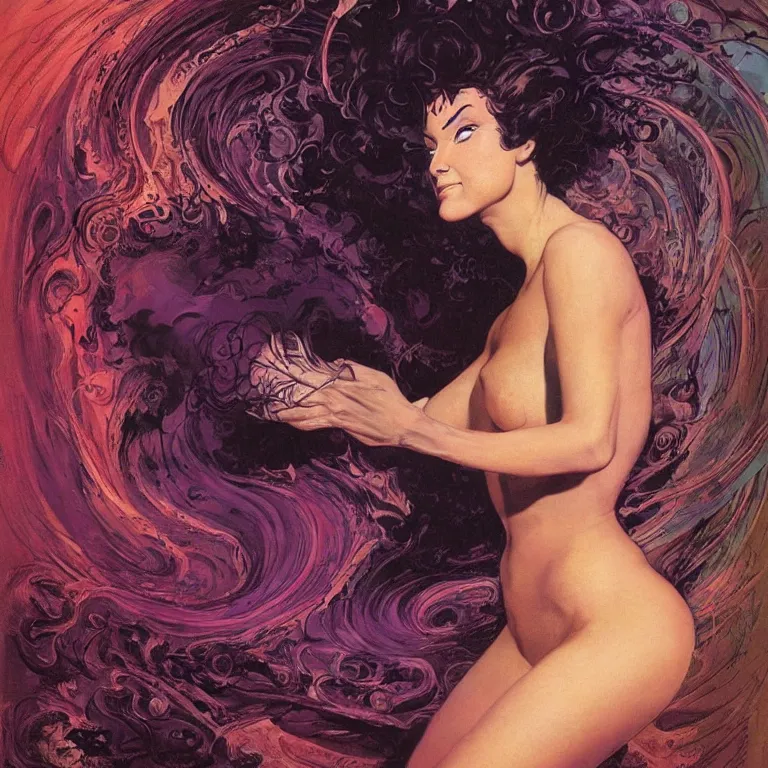 Image similar to portrait of a woman with swirling hair and fractal skin by frank frazetta, retrofuturism, psychedelic art reimagined by industrial light and magic