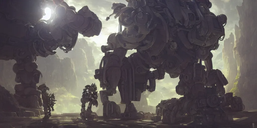 Image similar to robot mech with a soldier cobtrolling it from made in abyss by akihito tsukushi, backlight, centered rim lighting, deep focus, d & d, fantasy, intricate, elegant, highly detailed, digital painting, artstation, concept art, matte, sharp focus, illustration, hearthstone, art by artgerm and greg rutkowski and alphonse mucha