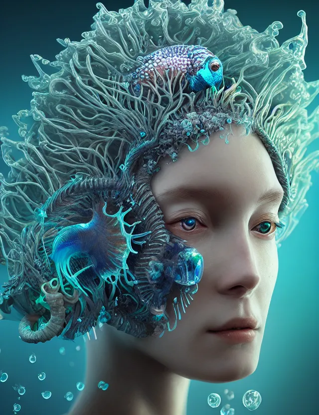 Image similar to 3 d goddess macro close - up portrait wigh crown made of ram skull. betta fish, jellyfish phoenix, bioluminiscent, plasma, ice, water, wind, creature, super intricate ornaments artwork by tooth wu and wlop and beeple and greg rutkowski