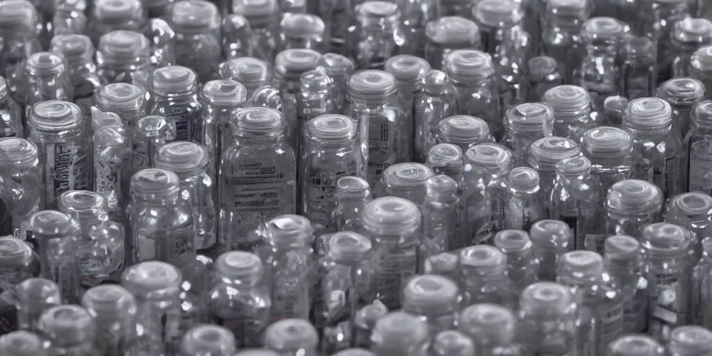 Image similar to a film still of prescription medicine bottles piling up in a vault, shallow depth of field, cinematic, award winning cgi, vfx, film still cfg _ scale : 1 8. 0