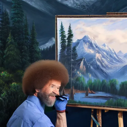 Image similar to a closeup photorealistic photograph of bob ross working on a canvas painting of spiderman. film still. brightly lit scene. mountains and trees. this 4 k hd image is trending on artstation, featured on behance, well - rendered, extra crisp, features intricate detail, epic composition and the style of unreal engine.