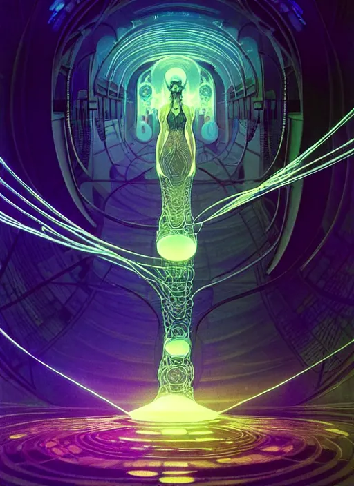 Image similar to high zoom, inside fractals!! calm, healing, resting, life, hybrids, scifi, glowing lights!!, published concept art, mixed medias, image overlays, sharp focus, thin glowing wires, top best illustration, various art styles, by greg rutkowski and alphonse mucha, singularity!!!, 3 6 0 capture