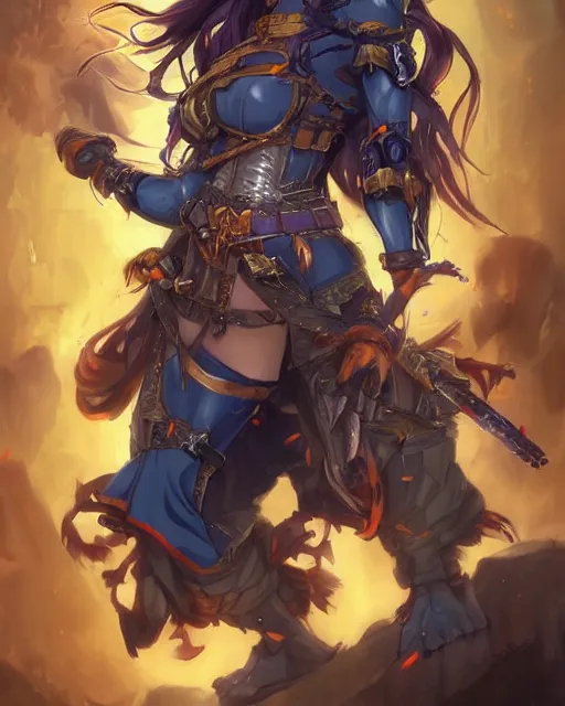 Image similar to An anime portrait of a beautiful D&D half-orc female with long wavy dark blue hair, bright orange eyes, intricate full body armour, fantasy soldier, by Stanley Artgerm Lau, WLOP, Rossdraws, James Jean, Andrei Riabovitchev, Marc Simonetti, and Sakimichan, highly detailed, ultra detailed, golden hour, trending on artstation, cgstudio